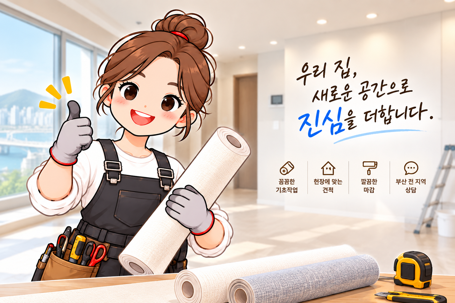 밝은 벽지와 우드톤 바닥으로 마감한 빈 아파트 거실 예시